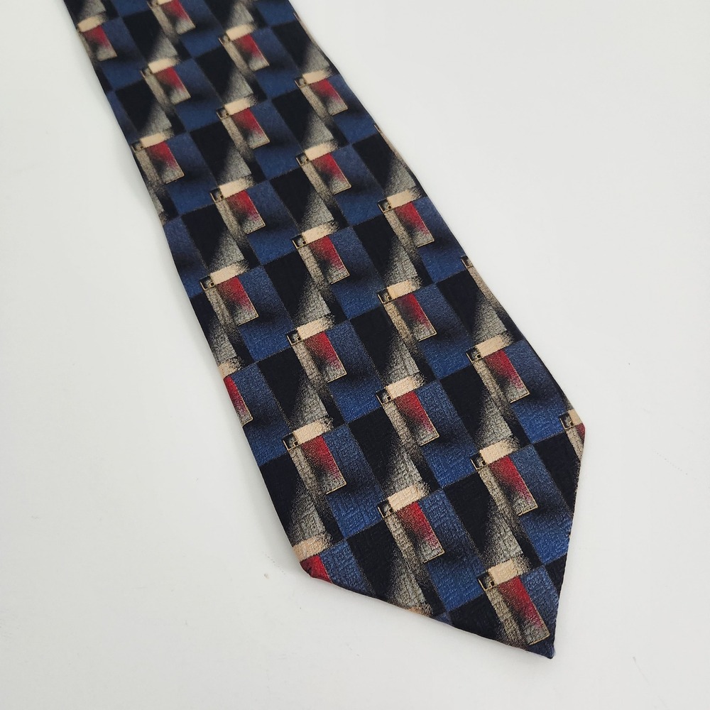 Pierre Cardin Mens Silk tie Navy Blue Burgundy Geometric Abstract Pattern 57"